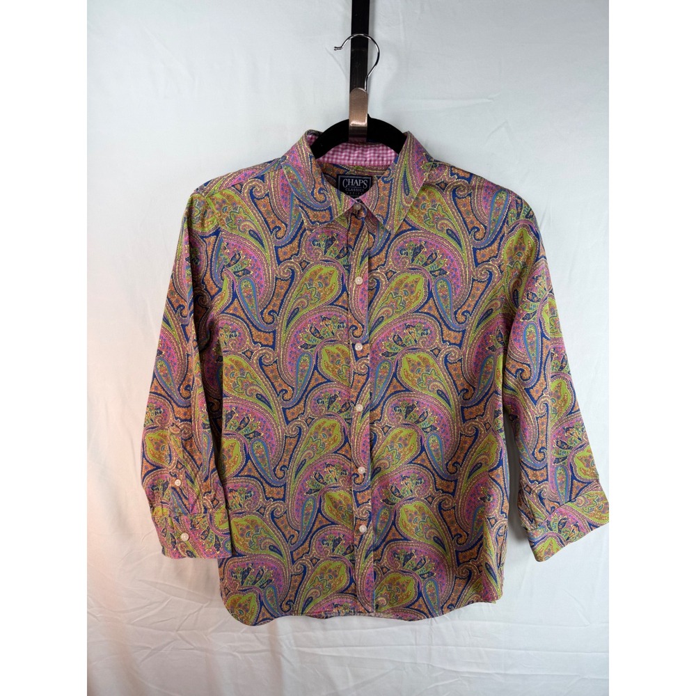 Chaps Classics Petite Womens Paisley Button Down Shirt Multi Color 3/4 Sleeve
